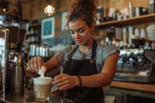 Barista crafting a perfect latte in a cozy café ambiance