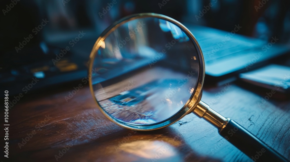 custom made wallpaper toronto digitalA close-up of a magnifying glass on a wooden desk, symbolizing investigation, exploration, and analytical thinking.