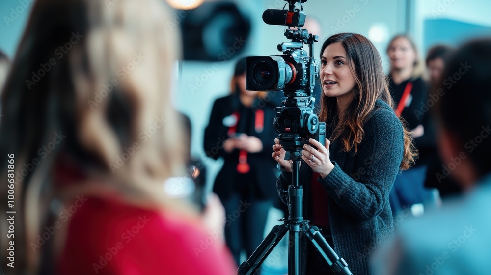 Female videographer recording interview in busy setting Female videographer recording interview in busy setting