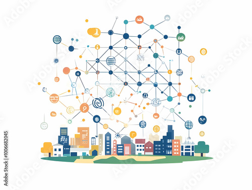 Flat Orbiting Molecular Structure Illustrating Community-Centric Business Practices in Urban ESG Strategies - Simple Vector Illustration