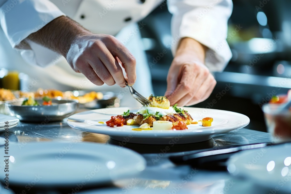 Chef preparing gourmet dish in professional kitchen setting Chef preparing gourmet dish in professional kitchen setting