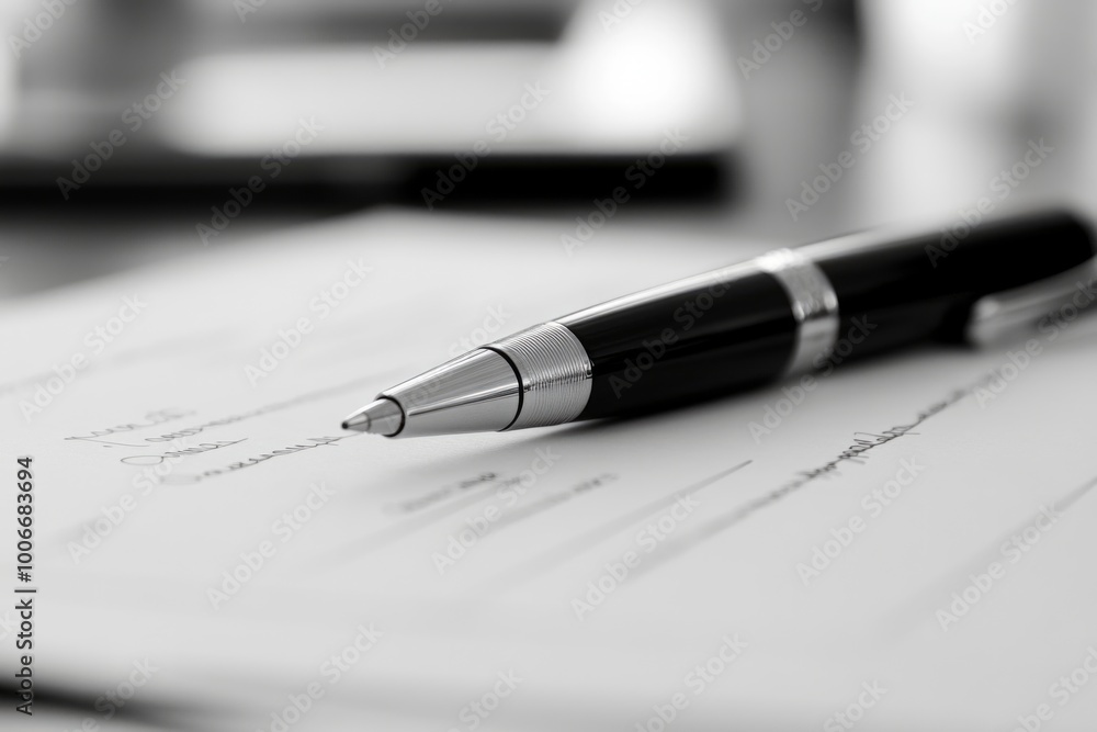Elegant black pen resting on signed document in monochrome focus Elegant black pen resting on signed document in monochrome focus