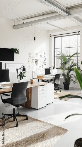 Modern office interior featuring stylish desks, ergonomic chairs, greenery, and ample natural light for a productive workspace.