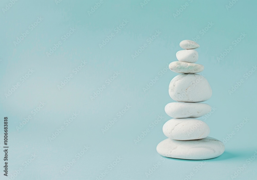 Fototapeta premium A stack of smooth white stones balanced on top of each other against a soft blue background