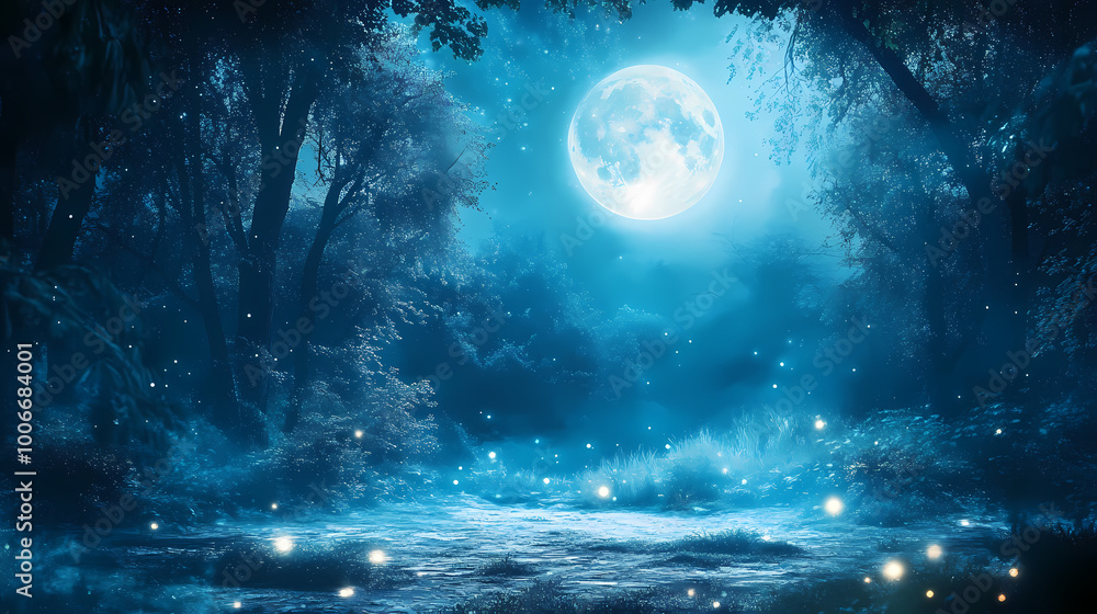 Moonlit blue forest filled with mystical lights, landscape panorama with dreamlike fantasy atmosphere. Moonlit Forest. Illustration Moonlit blue forest filled with mystical lights, landscape panorama with dreamlike fantasy atmosphere. Moonlit Forest. Illustration