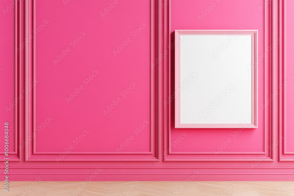 Pink room interior, minimalistic design, empty picture frame on the wall, inviting ambiance, perfect for artistic display or decoration ideas Pink room interior, minimalistic design, empty picture frame on the wall, inviting ambiance, perfect for artistic display or decoration ideas