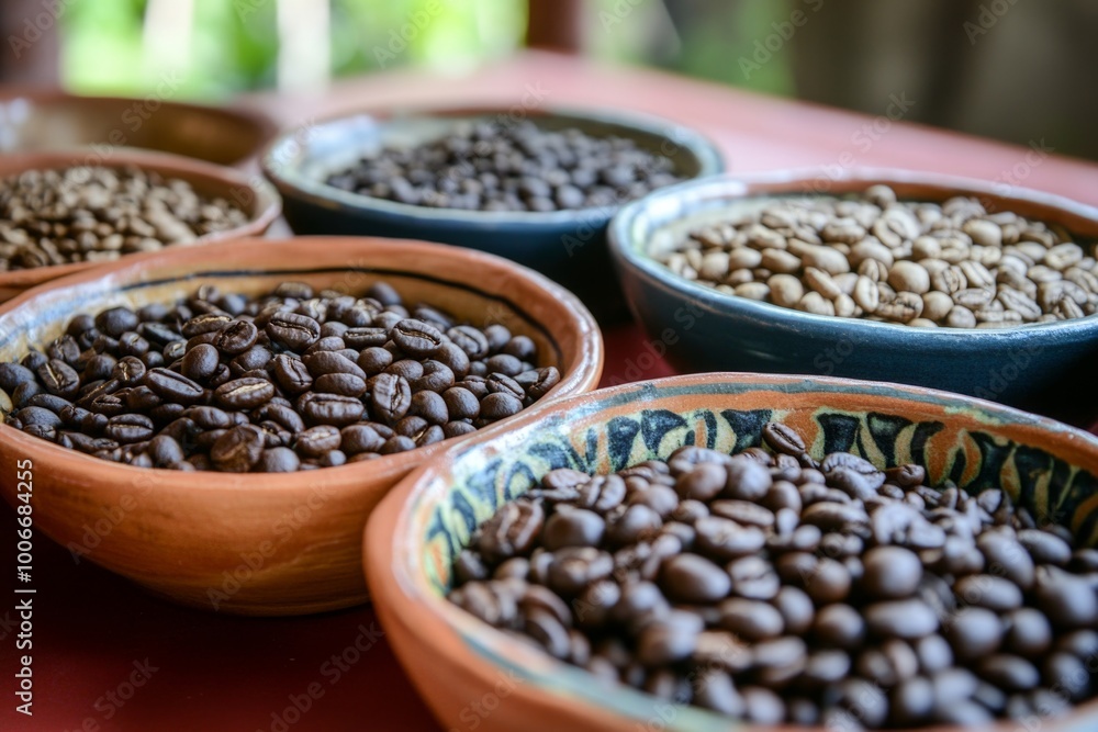 Assorted coffee beans in ceramic bowls displaying rich diversity of roasts and origins Assorted coffee beans in ceramic bowls displaying rich diversity of roasts and origins