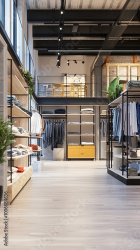 Modern retail store interior showcasing clothing displays, stylish shelves, and sleek design elements in a bright environment. photo