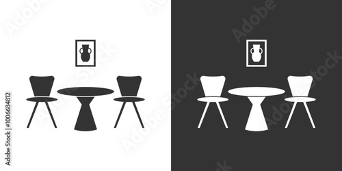Furniture interior flat icon with chairs and table isolated on black and white background