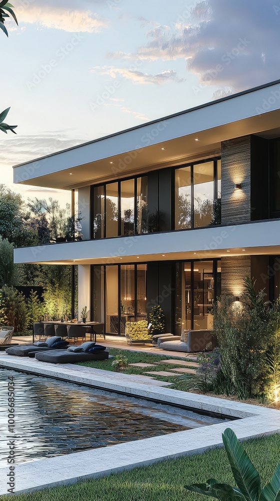 Modern villa with spacious patio, elegant pool, and lush landscaping at sunset, showcasing architectural beauty and tranquility. Modern villa with spacious patio, elegant pool, and lush landscaping at sunset, showcasing architectural beauty and tranquility.