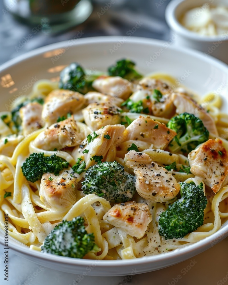 A delicious bowl of fettuccine topped with grilled chicken and fresh broccoli, ideal for recipes or menu designs, Perfect for food bloggers and culinary websites, A delicious bowl of fettuccine topped with grilled chicken and fresh broccoli, ideal for recipes or menu designs, Perfect for food bloggers and culinary websites,
