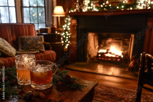 Cozy winter evening with warm drinks by the fireplace in a festive living room photo