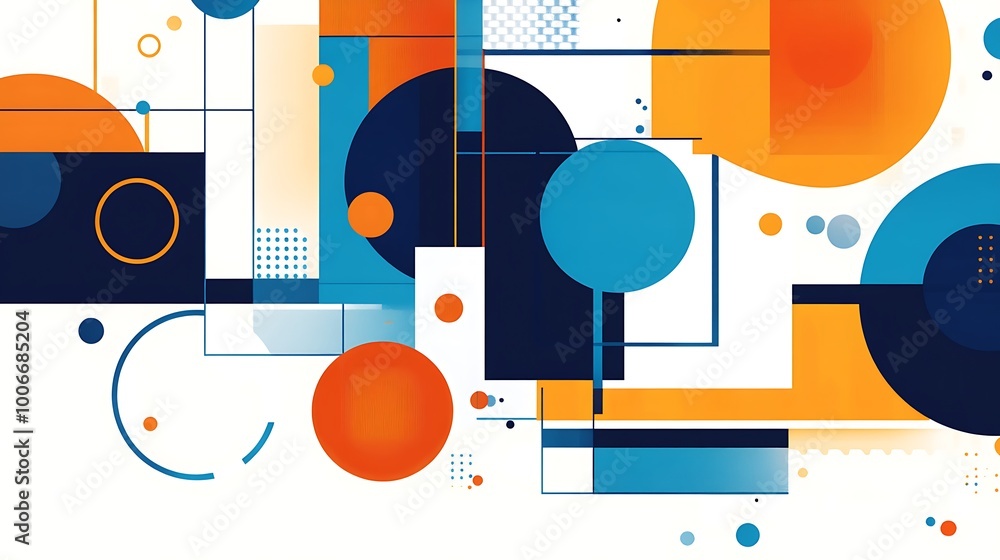 Abstract geometric pattern with blue, orange, and yellow shapes on white background. Abstract geometric pattern with blue, orange, and yellow shapes on white background.