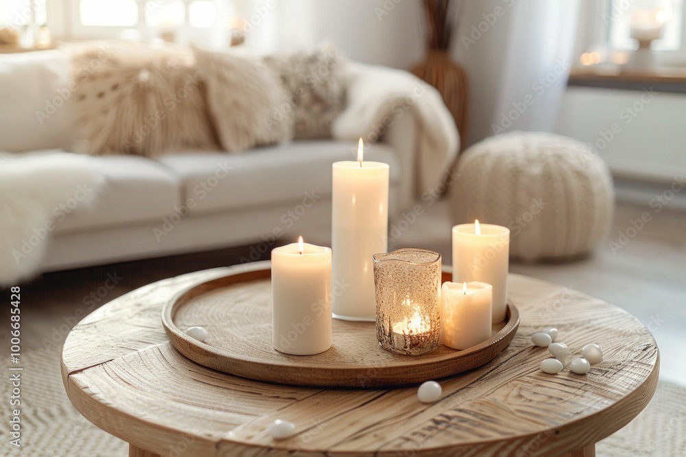 Cozy living room with candles on a wooden table, soft textures, warm lighting and a comfortable couch in the background Cozy living room with candles on a wooden table, soft textures, warm lighting and a comfortable couch in the background