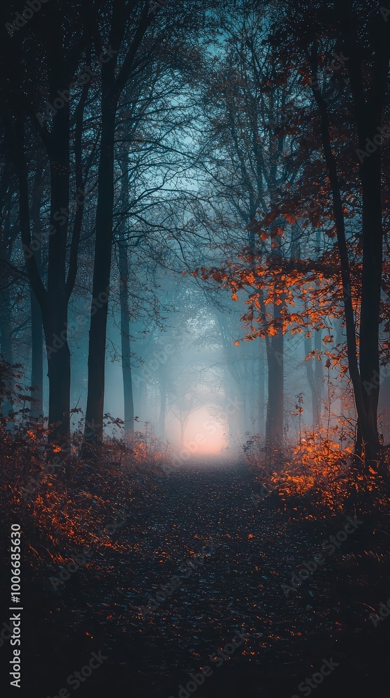Fototapeta premium Mysterious fog envelops a tranquil forest path, illuminated by a distant light, creating an enchanting and serene atmosphere.