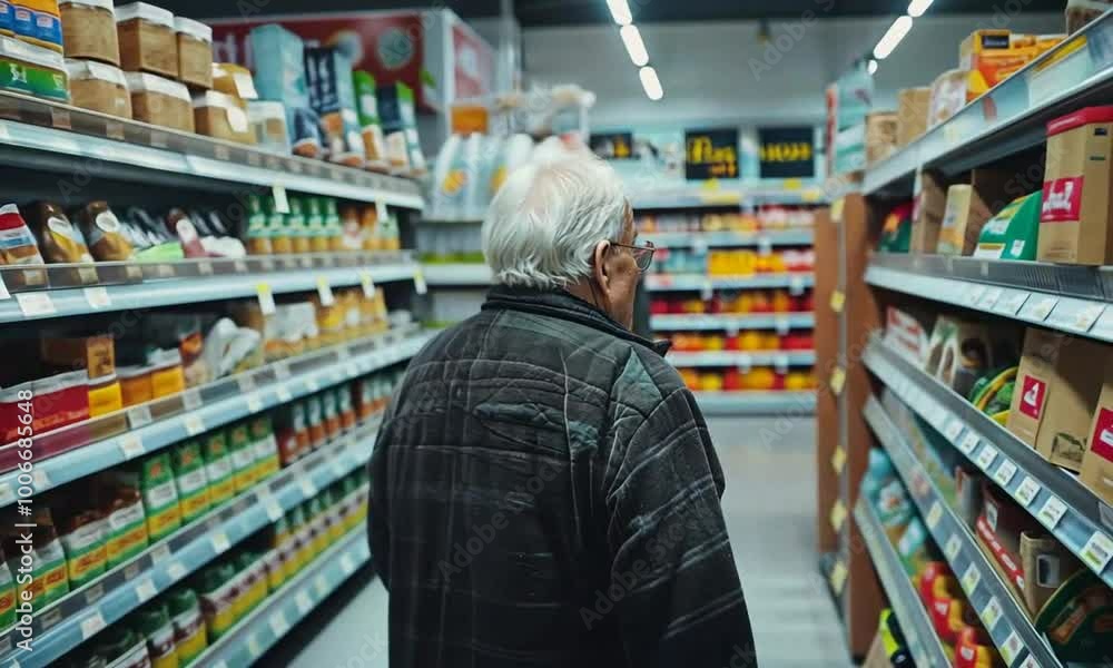 Elderly man looking at the shelves of a supermarket Elderly man looking at the shelves of a supermarket