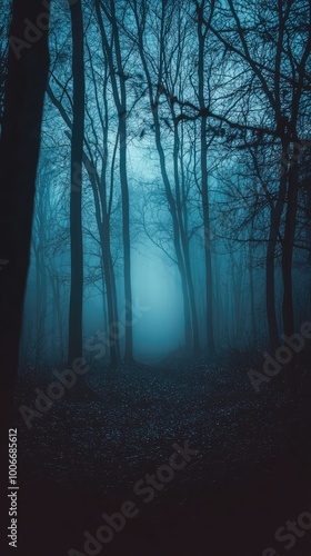 Mysterious fog envelops a quiet forest, creating an enchanting atmosphere evoking tranquility and solitude.