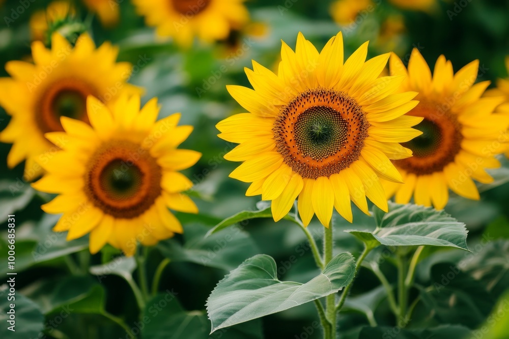 Fototapeta premium Bright sunflowers blooming in a lush green field
