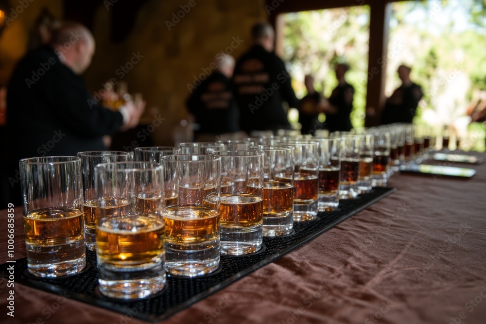 Whiskey tasting event with rows of glasses ready for sampling Whiskey tasting event with rows of glasses ready for sampling
