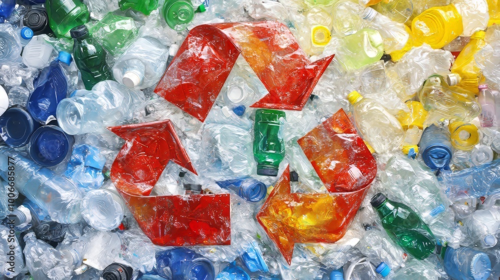 An eye-catching image showing a large recycle symbol superimposed on a pile of colorful plastic bottles for recycling. An eye-catching image showing a large recycle symbol superimposed on a pile of colorful plastic bottles for recycling.