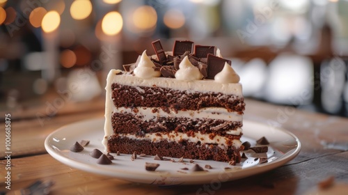 Delicious chocolate cake slice on a plate with creamy frosting and dark chocolate pieces, perfect for dessert lovers.