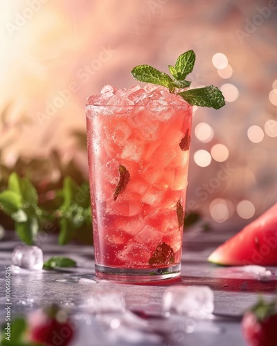 Wallpaper Mural A refreshing pink beverage garnished with mint sits in a tall glass, surrounded by ice, watermelon, and greens, Ideal for summer promotions, cocktail menus, or social media food posts, Torontodigital.ca