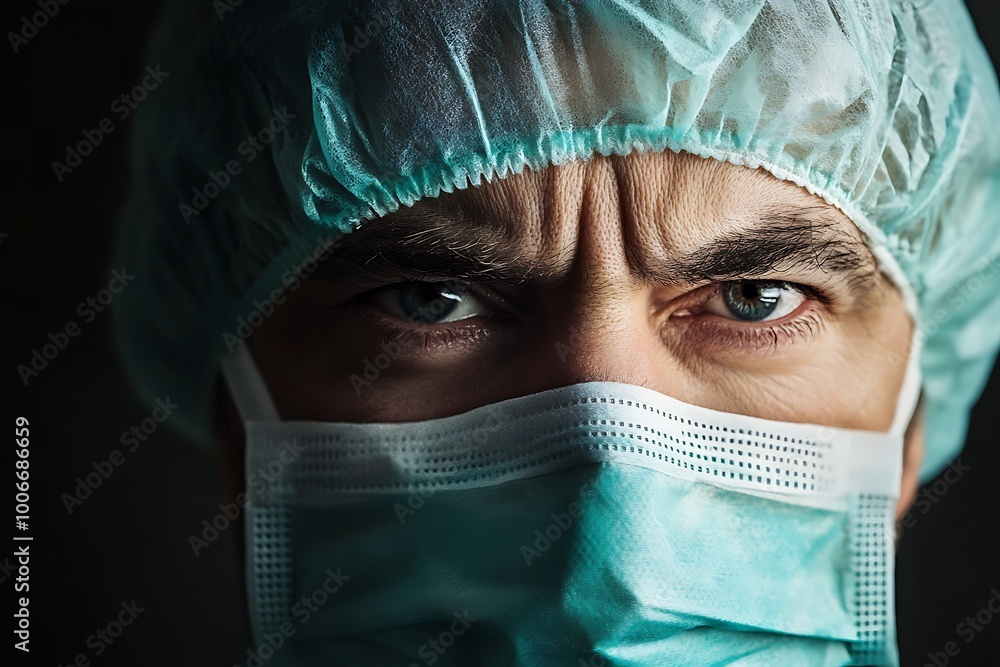 A close-up portrait of a focused healthcare worker wearing a mask and surgical cap, symbolizing dedication, protection, and the importance of healthcare professionals. A close-up portrait of a focused healthcare worker wearing a mask and surgical cap, symbolizing dedication, protection, and the importance of healthcare professionals.