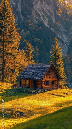 Scenic autumn landscape featuring a charming wooden cabin surrounded by golden trees and majestic mountains.