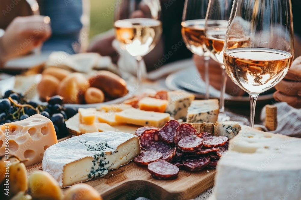 Elegant cheese and charcuterie board with glasses of wine at an outdoor gathering Elegant cheese and charcuterie board with glasses of wine at an outdoor gathering
