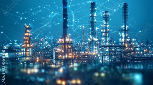 Bright lights and network connections span across an industrial landscape, symbolizing modern industry and progress.