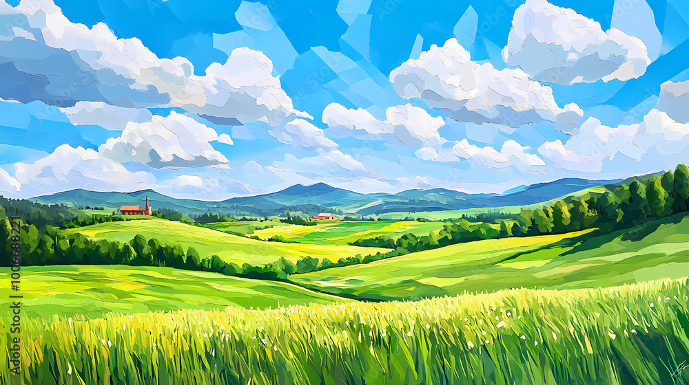 Obraz premium Low poly artwork of rolling green meadow under a bright blue sky with fluffy clouds in summer, creating a serene and vibrant landscape. Rolling Meadows. Illustration