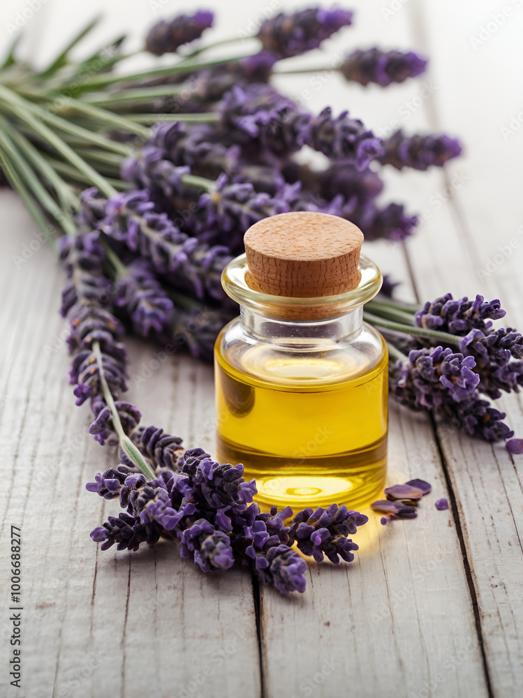 Lavender oil and lavender on a wooden board Lavender oil and lavender on a wooden board
