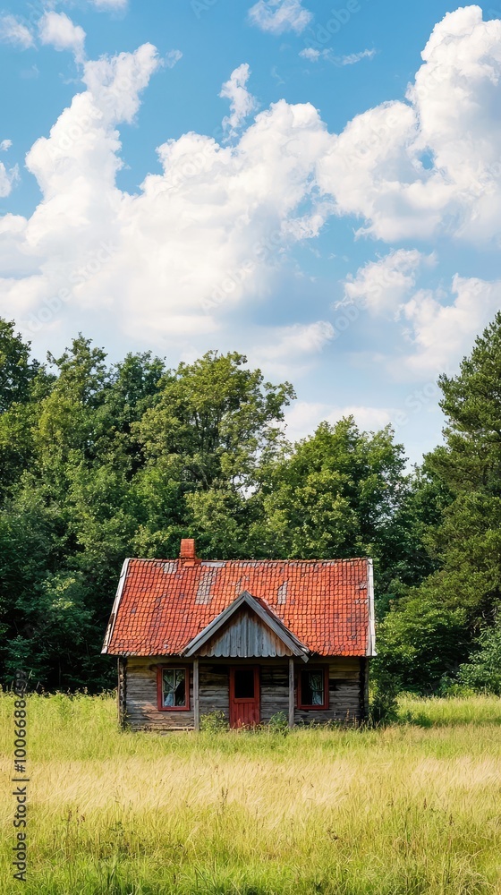 Serene view of a rustic house surrounded by lush greenery and a blue sky with fluffy clouds, ideal for nature-themed projects. Serene view of a rustic house surrounded by lush greenery and a blue sky with fluffy clouds, ideal for nature-themed projects.