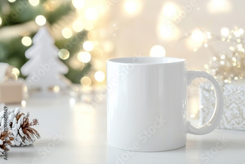 a blank white 11oz sublimation mug, used for mug mockup, on a white desk with christmas elements on desk, the background is bright with lots of light, Wintry 