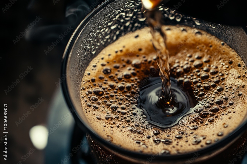 Fototapeta premium Close-up of freshly brewed coffee pouring into a glass mug