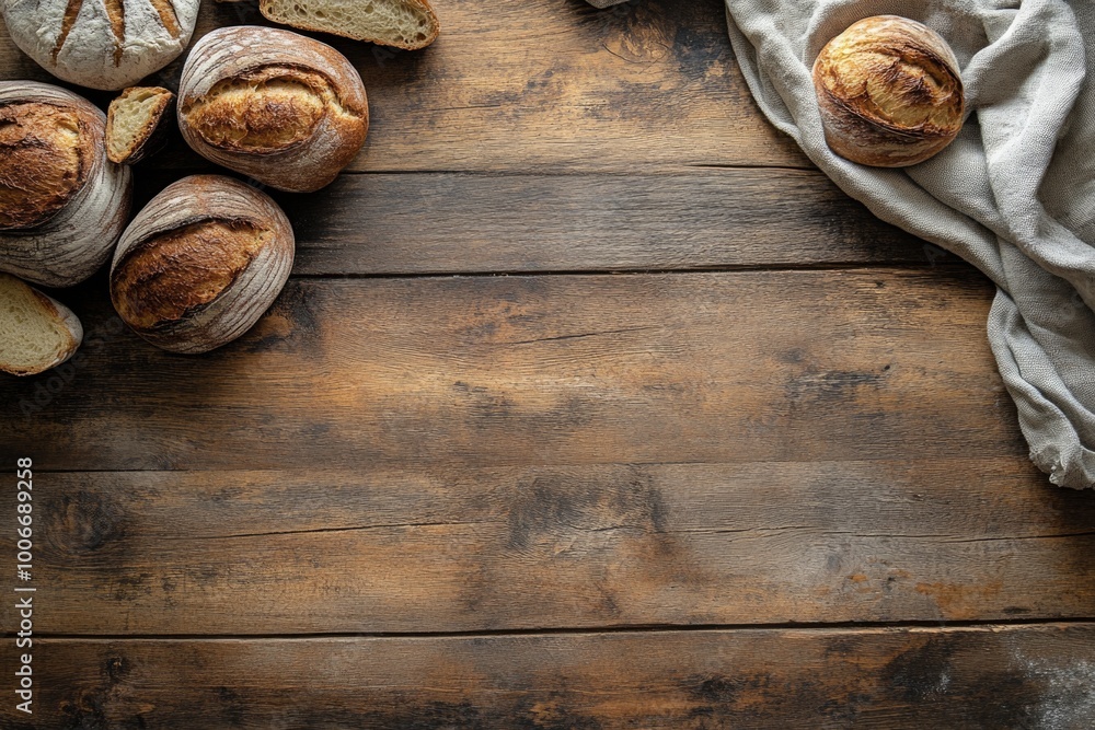 Rustic artisan bread on wooden table with linen cloth Rustic artisan bread on wooden table with linen cloth
