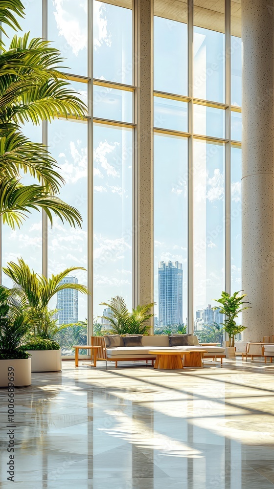 Fototapeta premium Spacious modern lobby with large windows, natural light, and greenery creating a fresh and inviting atmosphere.