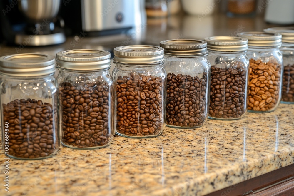 Variety of coffee bean roasts in glass jars on granite counter Variety of coffee bean roasts in glass jars on granite counter