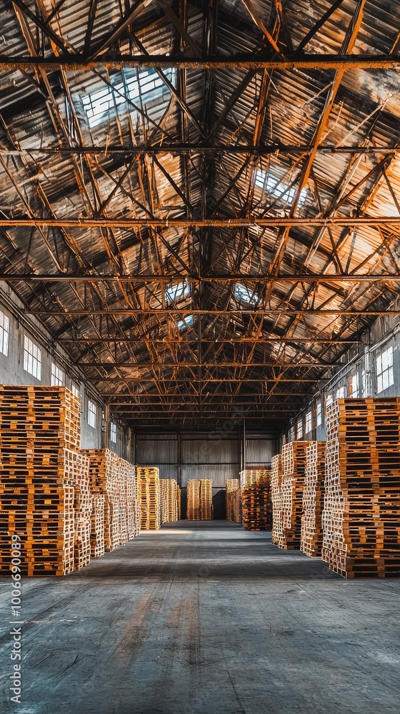 Spacious warehouse interior featuring stacked wooden pallets under a high ceiling, showcasing industrial architecture and storage. Spacious warehouse interior featuring stacked wooden pallets under a high ceiling, showcasing industrial architecture and storage.