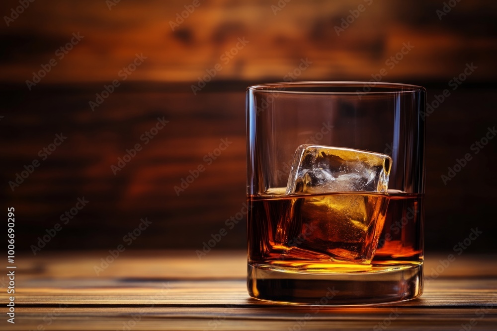 Elegant glass of whiskey with ice on rustic wood background Elegant glass of whiskey with ice on rustic wood background