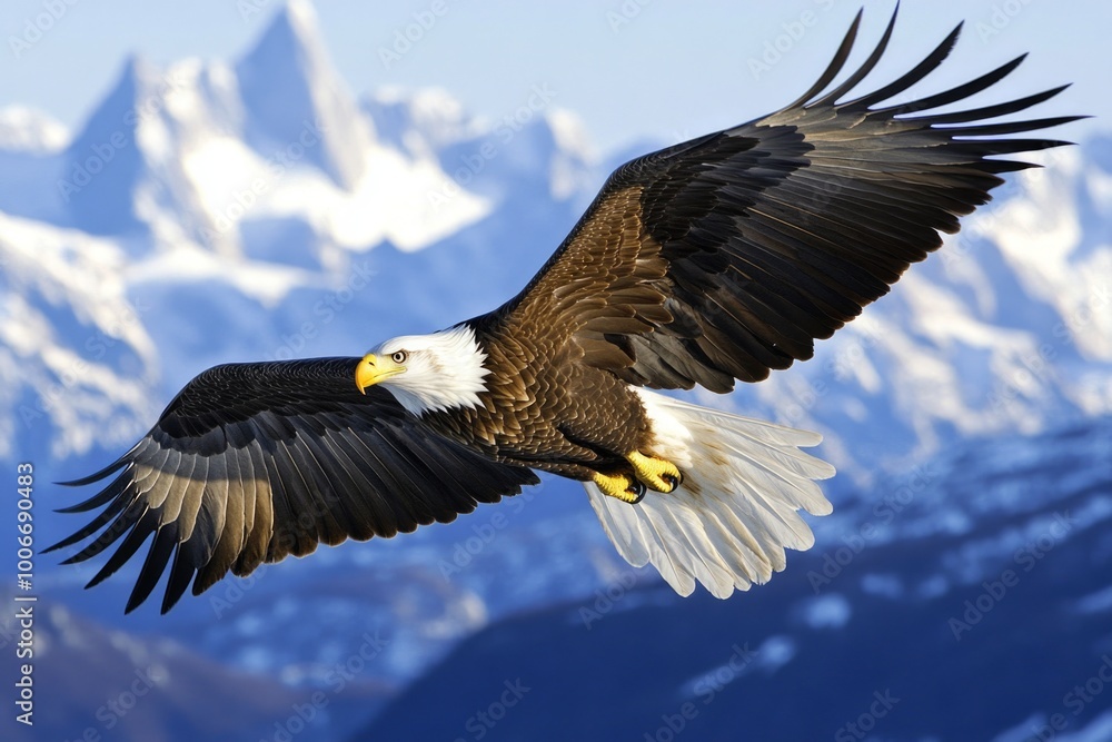 Obraz premium Majestic bald eagle soaring over snowy mountain peaks against a clear blue sky