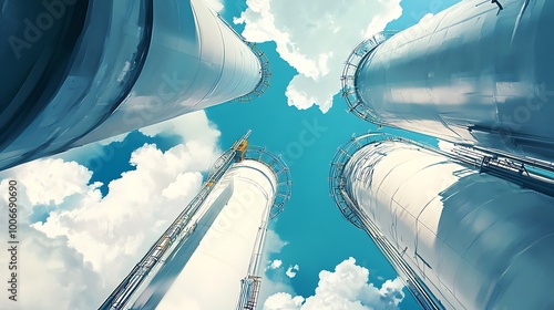 Low Angle View of Four Tall White Cylindrical Industrial Tanks Against a Blue Sky and White Clouds photo