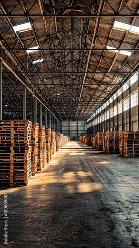 Wallpaper Mural Spacious warehouse interior with stacked wooden pallets, showcasing industrial design and natural lighting effects. Torontodigital.ca