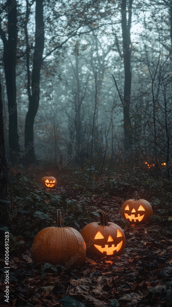 Spooky Halloween scene featuring glowing jack-o'-lanterns in a misty forest, perfect for autumn-themed visuals. Spooky Halloween scene featuring glowing jack-o'-lanterns in a misty forest, perfect for autumn-themed visuals.