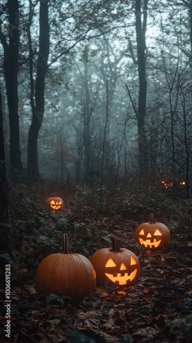 Spooky Halloween scene featuring glowing jack-o'-lanterns in a misty forest, perfect for autumn-themed visuals.