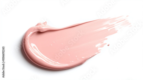 a single, elegant teardrop-shaped swatch of blush pink liquid foundation on a white background, with soft curves that smoothly taper towards the end