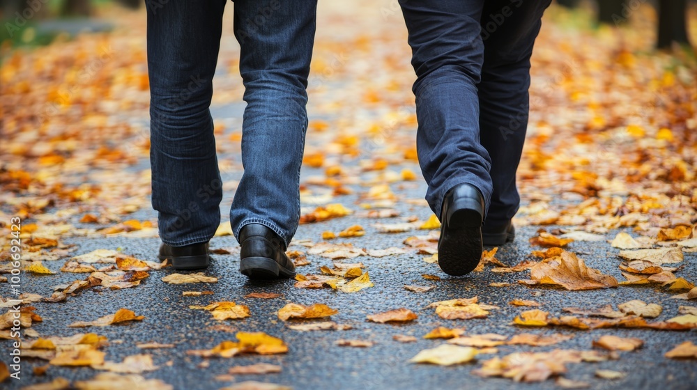 A couple walking hand in hand on a path covered with autumn leaves The image conveys love, togetherness, and the beauty of nature in fall A couple walking hand in hand on a path covered with autumn leaves The image conveys love, togetherness, and the beauty of nature in fall