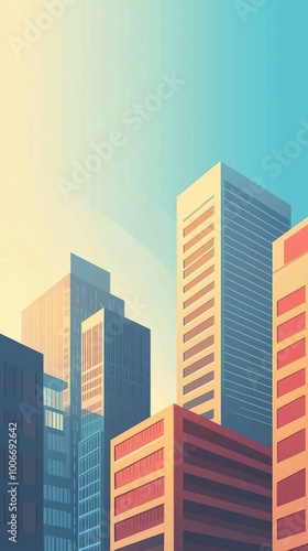 Stylish city skyline featuring modern buildings under a soft gradient sky, perfect for urban-themed designs and illustrations.