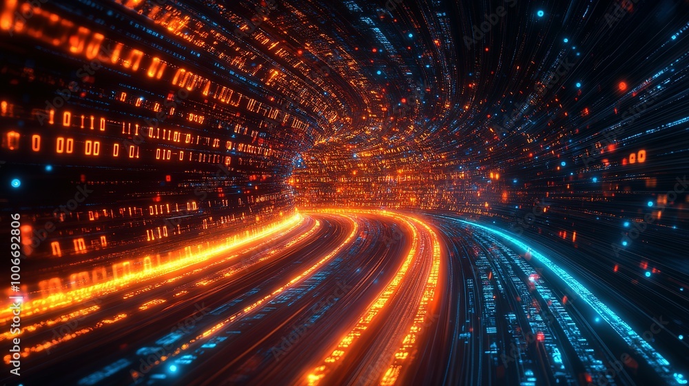 Abstract digital tunnel with glowing lines and binary code Abstract digital tunnel with glowing lines and binary code