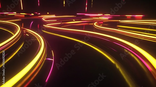 Abstract Curved Neon Lights in Yellow and Pink on a Dark Background photo